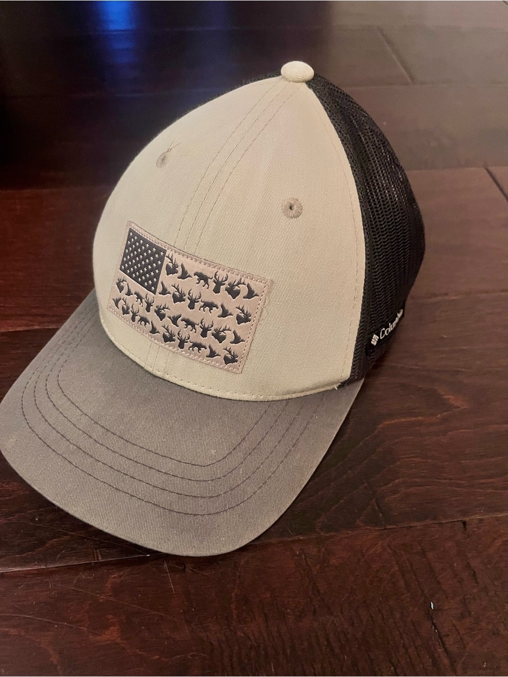 Mesh Back Baseball Cap with Flag Patch - Beige & Gray kids youth size